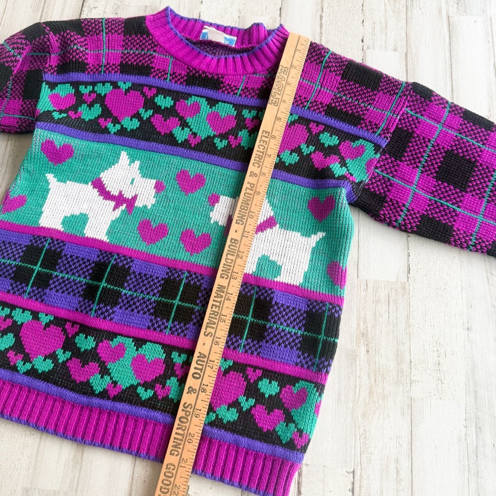 Vintage 80s Purple Green Scottie Dog Knit Sweater Hearts Plaid Girls 10-12 - Picture 7 of 11